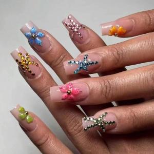 image:imageBABALAL Press On Nails Short Square Fake Nails Yellow French Tip 3D Flower amp Pearl Charm Design Glitter Bling Full Cover Glue On Nails For Women And Girls 24Pcs SummerFNr22star