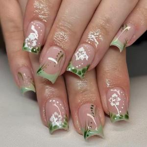 image:imageBABALAL Press On Nails Short Square Fake Nails Yellow French Tip 3D Flower amp Pearl Charm Design Glitter Bling Full Cover Glue On Nails For Women And Girls 24Pcs SummerFNr1402