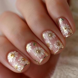 image:imageBABALAL Press On Nails Short Square Fake Nails Yellow French Tip 3D Flower amp Pearl Charm Design Glitter Bling Full Cover Glue On Nails For Women And Girls 24Pcs SummerFNr2204