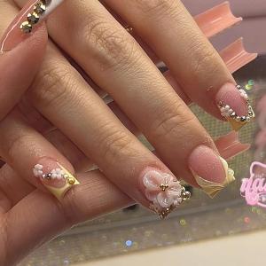 image:imageBABALAL Press On Nails Short Square Fake Nails Yellow French Tip 3D Flower amp Pearl Charm Design Glitter Bling Full Cover Glue On Nails For Women And Girls 24Pcs SummerFNr2203
