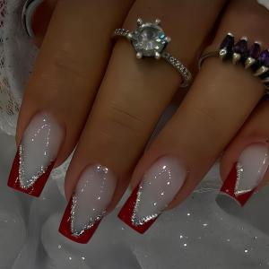 image:imageBABALAL Press on Nails Short Square Fake Nails Pearl White Chrome with Polka Dot Design 3D Cherry Acrylic Cute Glossy Shimmer Finish Full Cover Glue On Nails For Women And Girls 24PcsCND10201