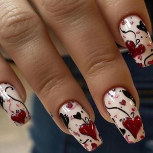 image:imageBABALAL Press on Nails Short Square Fake Nails Pearl White Chrome with Polka Dot Design 3D Cherry Acrylic Cute Glossy Shimmer Finish Full Cover Glue On Nails For Women And Girls 24PcsCND109