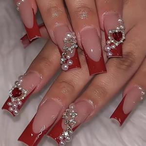 image:imageBABALAL Press on Nails Short Square Fake Nails Pearl White Chrome with Polka Dot Design 3D Cherry Acrylic Cute Glossy Shimmer Finish Full Cover Glue On Nails For Women And Girls 24PcsCND101