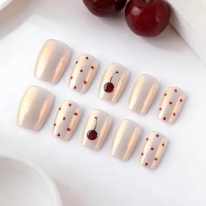 image:imageBABALAL Press on Nails Short Square Fake Nails Pearl White Chrome with Polka Dot Design 3D Cherry Acrylic Cute Glossy Shimmer Finish Full Cover Glue On Nails For Women And Girls 24PcsCND10101