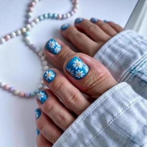 image:imageBABALAL Toe Press On Nails Short Square Blue Butterfly with Rhinestone amp Flower Accents Glossy Summer Pedicure Fake Nails for Women and Girls 24PcsJZJA011f