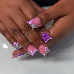 image:imageBABALAL Duck Press On Nails Purple French Tip Fake Nails With Butterfly amp Cross Charm Lavender Bling Goth Glue On Duckbill Nails For Women And Girls 24PcsDU00701