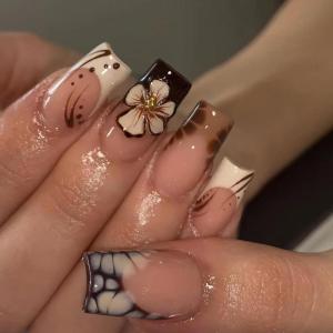 image:imageBABALAL Press On Nails Short Square Fake Nails Blue French Tip with Butterfly amp 3D Flower Glossy Tropical Summer Glue On Nails for Women and Girls 24PcsFNr12brown