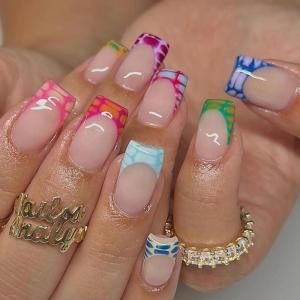 image:imageBABALAL Press On Nails Short Square Fake Nails Blue French Tip with Butterfly amp 3D Flower Glossy Tropical Summer Glue On Nails for Women and Girls 24PcsFNr22acrylic