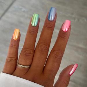 image:imageBABALAL Press On Nails Short Square Fake Nails Blue French Tip with Butterfly amp 3D Flower Glossy Tropical Summer Glue On Nails for Women and Girls 24PcsFNr22rainbow