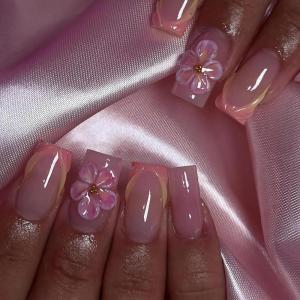 image:imageBABALAL Press On Nails Short Square Fake Nails Blue French Tip with Butterfly amp 3D Flower Glossy Tropical Summer Glue On Nails for Women and Girls 24PcsFNr23floral