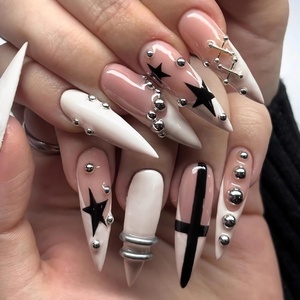 image:imageBABALAL Press On Nails Long Stiletto Fake Nails Pink French Tip with Polka Dot Black Lace Y2k Goth Glossy Coquette Aesthetic Glue On Nails 24PcsBNN0201