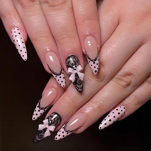 image:imageBABALAL Press On Nails Long Stiletto Fake Nails Pink French Tip with Polka Dot Black Lace Y2k Goth Glossy Coquette Aesthetic Glue On Nails 24PcsBNN0401