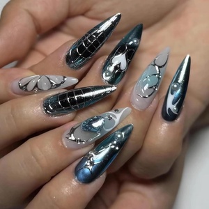 image:imageBABALAL Press On Nails Long Stiletto Fake Nails Pink French Tip with Polka Dot Black Lace Y2k Goth Glossy Coquette Aesthetic Glue On Nails 24PcsBNN05