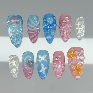 image:imageBABALAL Press On Nails Medium Almond Fake Nails Blue Pink with 3D Shell Starfish amp Rhinestone Design Glossy Mermaid Ocean Summer Glue On Nails for Women and Girls 24PcsFNs00005