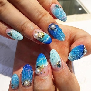 image:imageBABALAL Press On Nails Medium Almond Fake Nails Blue Pink with 3D Shell Starfish amp Rhinestone Design Glossy Mermaid Ocean Summer Glue On Nails for Women and Girls 24PcsFNs00001