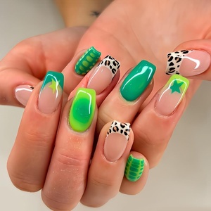 image:imageBABALAL Press On Nails Short Square Fake Nails Brown with Star amp Blue Polka Dot Design Glossy Retro Western Cowgirl Glue On Nails for Women and Girls 24PcsBNG17