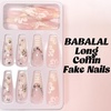 image:imageBABALAL Press On Nails Long Square Fake Nails Pink Brown with 3D Star Rhinestone amp Polka Dot Stripe Design Y2K Retro Cute Glue On Nails for Women and Girls 24PcsFNEB009