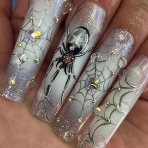 image:imageBABALAL Press On Nails Duck Bill Fake Nails Blue Black with Polka Dot Zebra Stripe amp Rhinestone Accents Y2K Punk Edgy Glue On Nails for Women and Girls 24PcsDU026