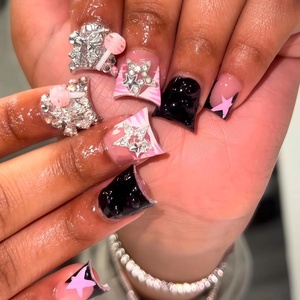 image:imageBABALAL Press On Nails Duck Bill Fake Nails Blue Black with Polka Dot Zebra Stripe amp Rhinestone Accents Y2K Punk Edgy Glue On Nails for Women and Girls 24PcsDU005bp