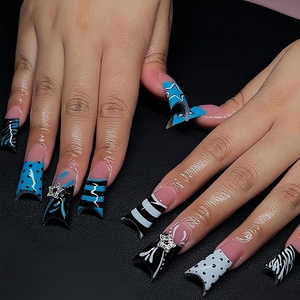 image:imageBABALAL Press On Nails Duck Bill Fake Nails Blue Black with Polka Dot Zebra Stripe amp Rhinestone Accents Y2K Punk Edgy Glue On Nails for Women and Girls 24PcsDU00705