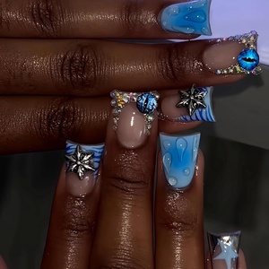 image:imageBABALAL Press On Nails Duck Bill Fake Nails Blue Black with Polka Dot Zebra Stripe amp Rhinestone Accents Y2K Punk Edgy Glue On Nails for Women and Girls 24PcsDU007blue