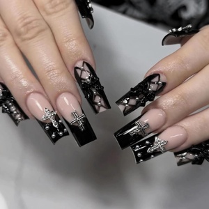 image:imageBABALAL Press On Nails Extra Long Square Fake Nails Blue Black with Polka Dot amp Stripe Design Y2K Retro Glossy Glue On Nails for Women and Girls 24PcsFNP19gothic