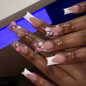 image:imageBABALAL Press On Nails Extra Long Square Fake Nails Blue Black with Polka Dot amp Stripe Design Y2K Retro Glossy Glue On Nails for Women and Girls 24PcsFNP12shiny