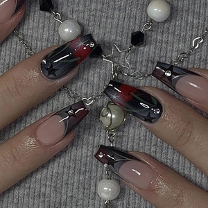 image:imageBABALAL Press On Nails Extra Long Square Fake Nails Blue Black with Polka Dot amp Stripe Design Y2K Retro Glossy Glue On Nails for Women and Girls 24PcsFNP03black