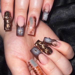 image:imageBABALAL Press On Nails Extra Long Square Fake Nails Blue Black with Polka Dot amp Stripe Design Y2K Retro Glossy Glue On Nails for Women and Girls 24PcsFNP21brown