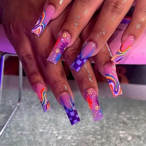 image:imageBABALAL Press On Nails Extra Long Square Fake Nails Blue Black with Polka Dot amp Stripe Design Y2K Retro Glossy Glue On Nails for Women and Girls 24PcsFNP33purple