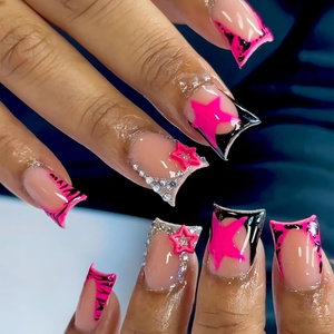 image:imageBABALAL Press On Nails Extra Long Square Fake Nails Orange Black Swirl with Rhinestone Butterfly Charm Glossy Y2k Reusable Glue On Nails for Women and Girls 24PcsANF04bpstar