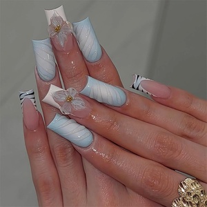 image:imageBABALAL Press On Nails Extra Long Square Fake Nails Orange Black Swirl with Rhinestone Butterfly Charm Glossy Y2k Reusable Glue On Nails for Women and Girls 24PcsANF03blue