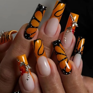 image:imageBABALAL Press On Nails Extra Long Square Fake Nails Orange Black Swirl with Rhinestone Butterfly Charm Glossy Y2k Reusable Glue On Nails for Women and Girls 24PcsANF0304