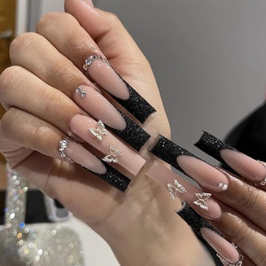 image:imageBABALAL Press On Nails Extra Long Square Fake Nails White French Tip with Black Star amp Silver Rhinestone Chain Design Glossy Y2K Glue On Nails Reusable 24PcsBNB20804