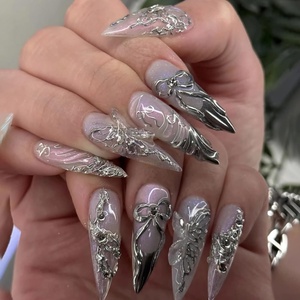 image:imageBABALAL Press On Nails Extra Long Stiletto Fake Nails Black Marble with Gothic Lace amp Y2k Charm Glossy Dark Edgy Glue On Nails for Women and Girls 24PcsANG20405