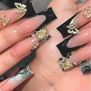 image:imageBABALAL Press On Nails Extra Long Stiletto Fake Nails Black Marble with Gothic Lace amp Y2k Charm Glossy Dark Edgy Glue On Nails for Women and Girls 24PcsANG215