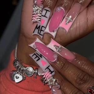 image:imageBABALAL Press On Nails Extra Long Stiletto Fake Nails Black Marble with Gothic Lace amp Y2k Charm Glossy Dark Edgy Glue On Nails for Women and Girls 24PcsANG216
