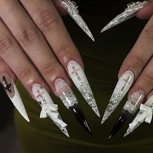 image:imageBABALAL Press On Nails Extra Long Stiletto Fake Nails Black Marble with Gothic Lace amp Y2k Charm Glossy Dark Edgy Glue On Nails for Women and Girls 24PcsANG20301