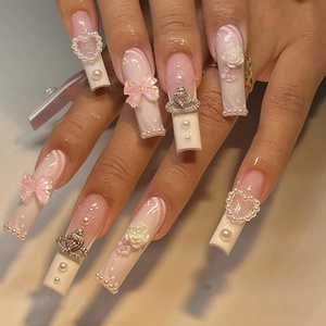 image:imageBABALAL Press On Nails Long Square Fake Nails Pink Brown with 3D Star Rhinestone amp Polka Dot Stripe Design Y2K Retro Cute Glue On Nails for Women and Girls 24PcsFNEB021