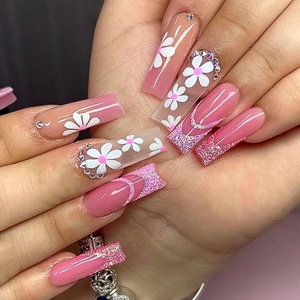 image:imageBABALAL Press On Nails Long Square Fake Nails Pink Brown with 3D Star Rhinestone amp Polka Dot Stripe Design Y2K Retro Cute Glue On Nails for Women and Girls 24PcsFNEB025