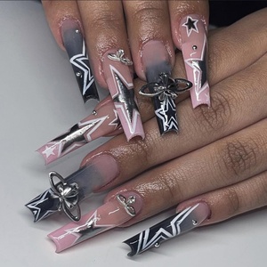 image:imageBABALAL Press On Nails Long Square Fake Nails Pink Brown with 3D Star Rhinestone amp Polka Dot Stripe Design Y2K Retro Cute Glue On Nails for Women and Girls 24PcsFNEB022