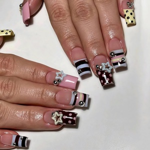 image:imageBABALAL Press On Nails Long Square Fake Nails Pink Brown with 3D Star Rhinestone amp Polka Dot Stripe Design Y2K Retro Cute Glue On Nails for Women and Girls 24PcsFNEB00604