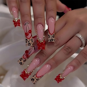 image:imageBABALAL Press On Nails Long Square Fake Nails Pink Brown with 3D Star Rhinestone amp Polka Dot Stripe Design Y2K Retro Cute Glue On Nails for Women and Girls 24PcsFNEB003