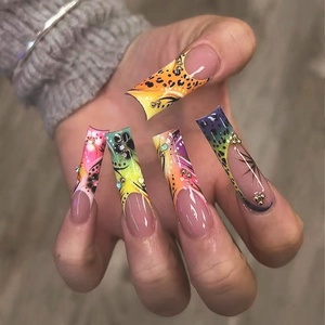 image:imageBABALAL Press On Nails Long Square Fake Nails Rainbow amp Gold Bead Accents Glossy Boho Tropical Summer Glue On Nails for Women and Girls 24PcsbbfnH00301