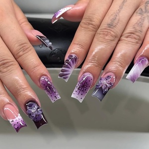 image:imageBABALAL Press On Nails Long Square Fake Nails Rainbow amp Gold Bead Accents Glossy Boho Tropical Summer Glue On Nails for Women and Girls 24PcsbbfnH00502