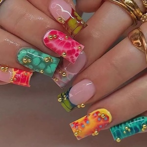 image:imageBABALAL Press On Nails Long Square Fake Nails Rainbow amp Gold Bead Accents Glossy Boho Tropical Summer Glue On Nails for Women and Girls 24PcsbbfnH00302