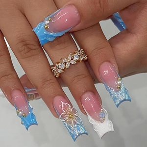 image:imageBABALAL Press On Nails Long Square Fake Nails Rainbow amp Gold Bead Accents Glossy Boho Tropical Summer Glue On Nails for Women and Girls 24PcsbbfnH00401