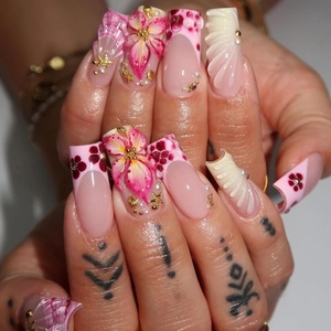 image:imageBABALAL Press On Nails Long Square Fake Nails Rainbow amp Gold Bead Accents Glossy Boho Tropical Summer Glue On Nails for Women and Girls 24PcsbbfnH010