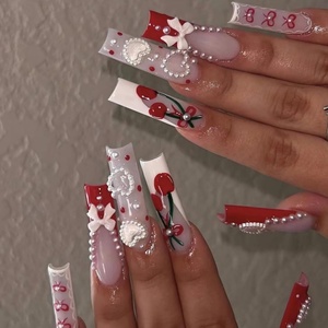 image:imageBABALAL Press On Nails Long Square Fake Nails Rainbow amp Gold Bead Accents Glossy Boho Tropical Summer Glue On Nails for Women and Girls 24PcsbbfnH012