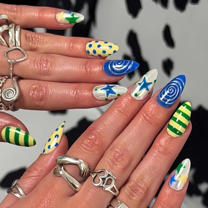 image:imageBABALAL Press On Nails Medium Almond Fake Nails Blue Yellow Brown with Star Polka Dot amp Stripe Swirl Design Y2K Retro Kawaii Glue On Nails for Women and Girls 24PcsFNf40203